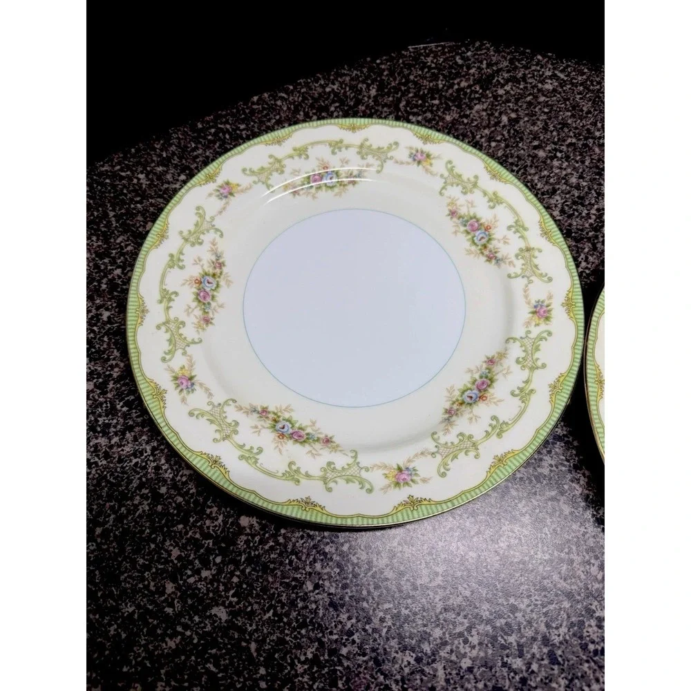 1930s Noritake Marlene Dinner Plates Set of 2 Green Floral Gold Japan Vintage